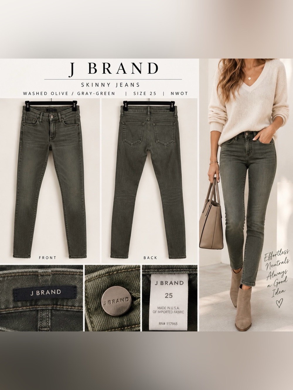 J Brand Washed Olive Gray-Green Skinny Jeans